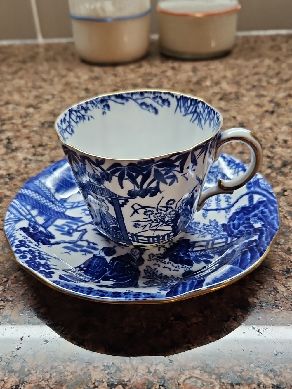Blue and White Porcelain "Royal Crown Derby"Teacup and Saucer Set with Gold Trim